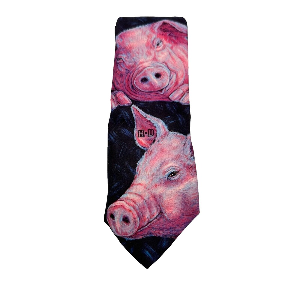 Vtg Ralph Marlin Harley Davidson Pig‎ Necktie Mens Black Pink Bikercore Formal